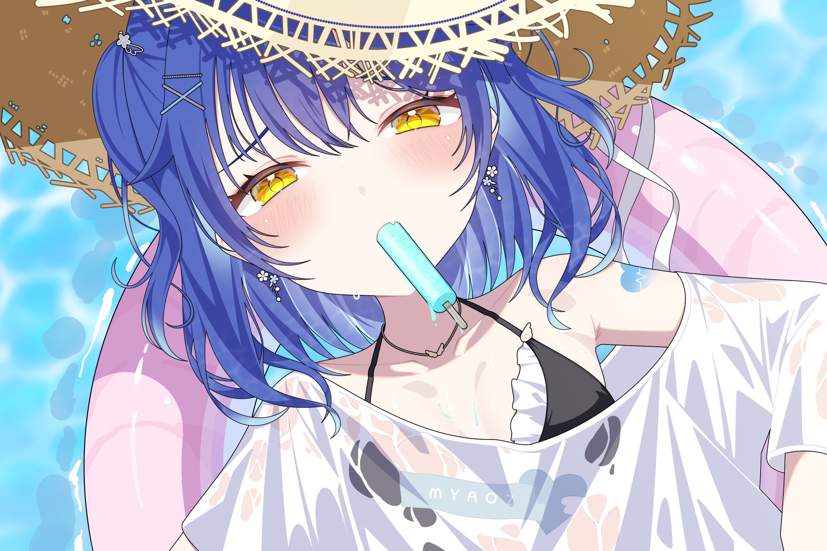 omas lie, amamiya kokoro, nijisanji, commentary request, highres, 1girl, arm tattoo, bikini, black bikini, black bra, blue hair, blush, bra, breasts, breasts apart, earrings, food, food in mouth, frilled bikini, frilled bra, frills, furrowed brow, hair between eyes, hair ornament, hair ribbon, hairclip, half-closed eyes, hat, jewelry, looking at viewer, lying, medium hair, melting popsicle, on back, pool, pool float, popsicle, popsicle in mouth, ribbon, shirt, sidelocks, solo, sun hat, swimsuit, tattoo, underwear, virtual youtuber, water, wet, wet clothes, wet shirt, x hair ornament