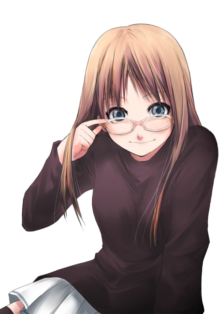 wander (artist), wander (cordabyss), 1girl, adjusting eyewear, blue eyes, brown hair, female focus, glasses, long hair, solo, thighhighs