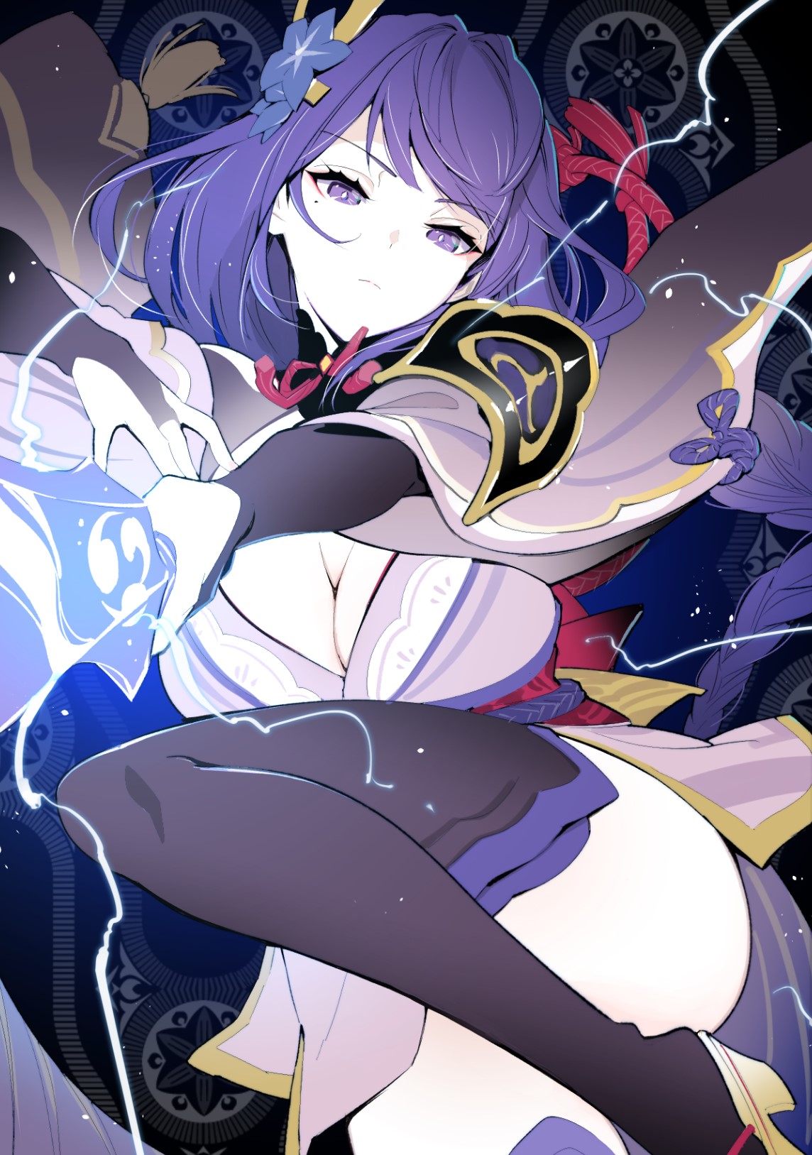 tomoyuki hino, raiden shogun, genshin impact, commentary request, highres, 1girl, ||/, armor, blue flower, braid, breasts, bridal gauntlets, cleavage, electricity, flower, hair flower, hair ornament, japanese clothes, kimono, large breasts, left-handed, long hair, low-braided long hair, low-tied long hair, mole, mole under eye, musou isshin (genshin impact), obi, purple eyes, purple hair, purple kimono, purple thighhighs, sash, shoulder armor, solo, tassel, thighhighs, very long hair