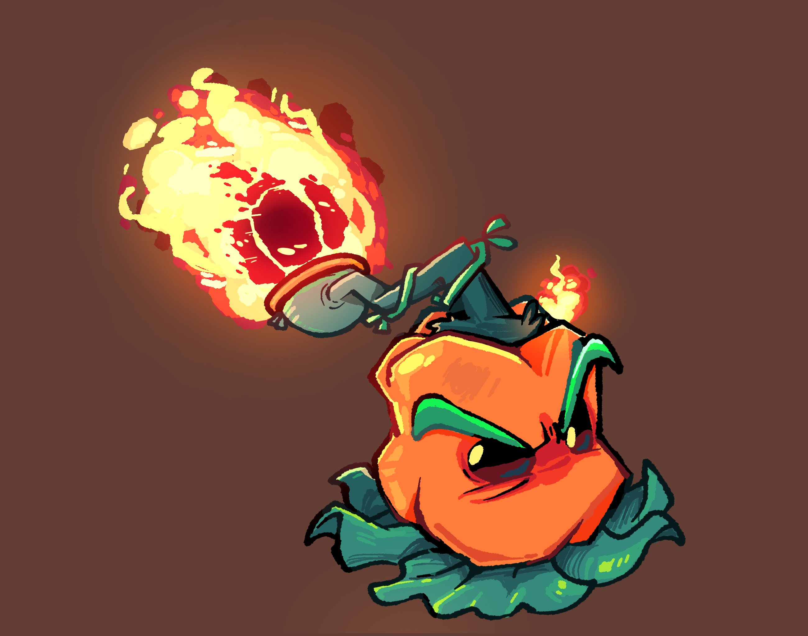 kinomotoroka, plants vs. zombies, plants vs. zombies 2, highres, brown background, fire, leaf, no humans, pepper-pult, simple background, solo
