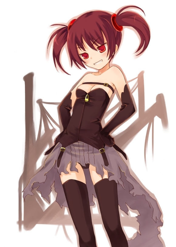 kurasuke, original, 1girl, bare shoulders, black panties, black thighhighs, buckle, elbow gloves, female focus, gloves, grin, hands on own hips, lock, padlock, panties, red eyes, red hair, smile, solo, thighhighs, tsurime, twintails, underwear, zettai ryouiki