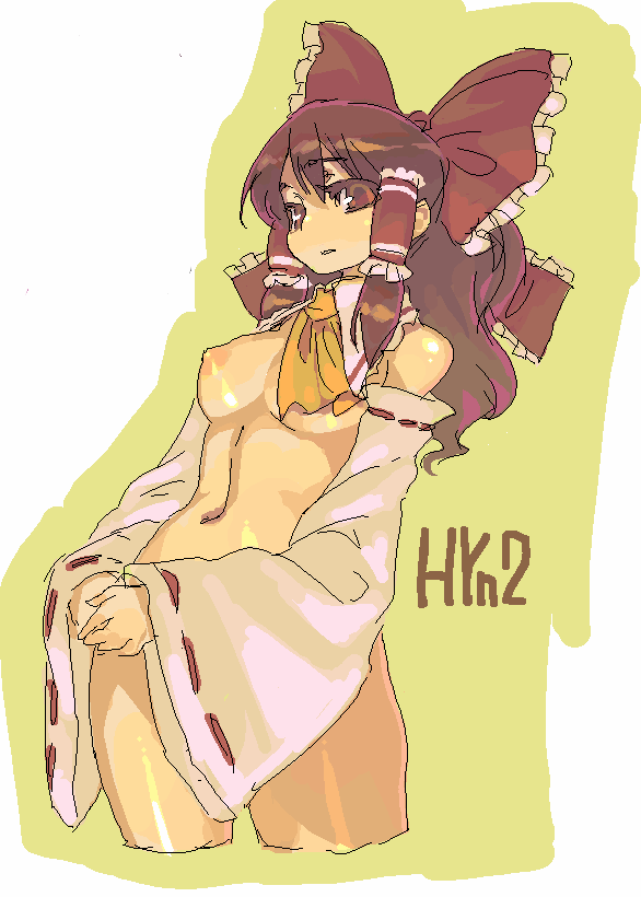 kishi kaisei, hakurei reimu, touhou, bad id, bad pixiv id, 1girl, bottomless, breasts, detached collar, female focus, nipples, oekaki, solo, topless female