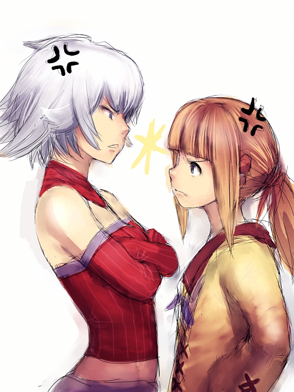 fumio (rsqkr), forte (soma bringer), millers, soma bringer, 2girls, angry, blunt bangs, brown hair, confrontation, crossed arms, detached collar, elbow gloves, eye contact, gloves, grey hair, hands on own hips, lightning glare, looking at another, midriff, multiple girls, ponytail, short hair