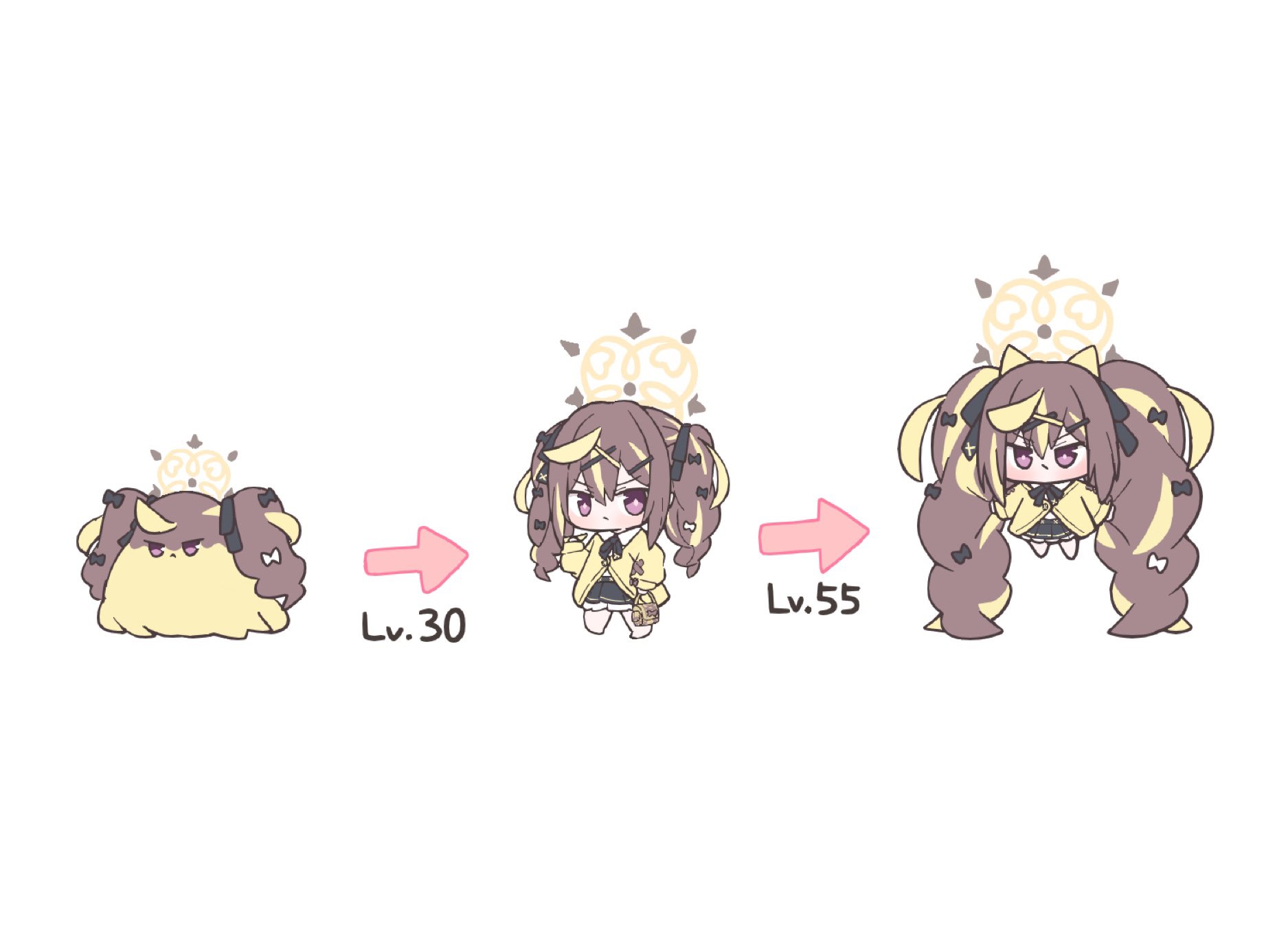 ayanoburuaka, rena (blue archive), blue archive, highres, 1girl, brown hair, chibi, full body, halo, level up, long hair, looking at viewer, multicolored hair, purple eyes, simple background, standing, twintails, two-tone hair, white background