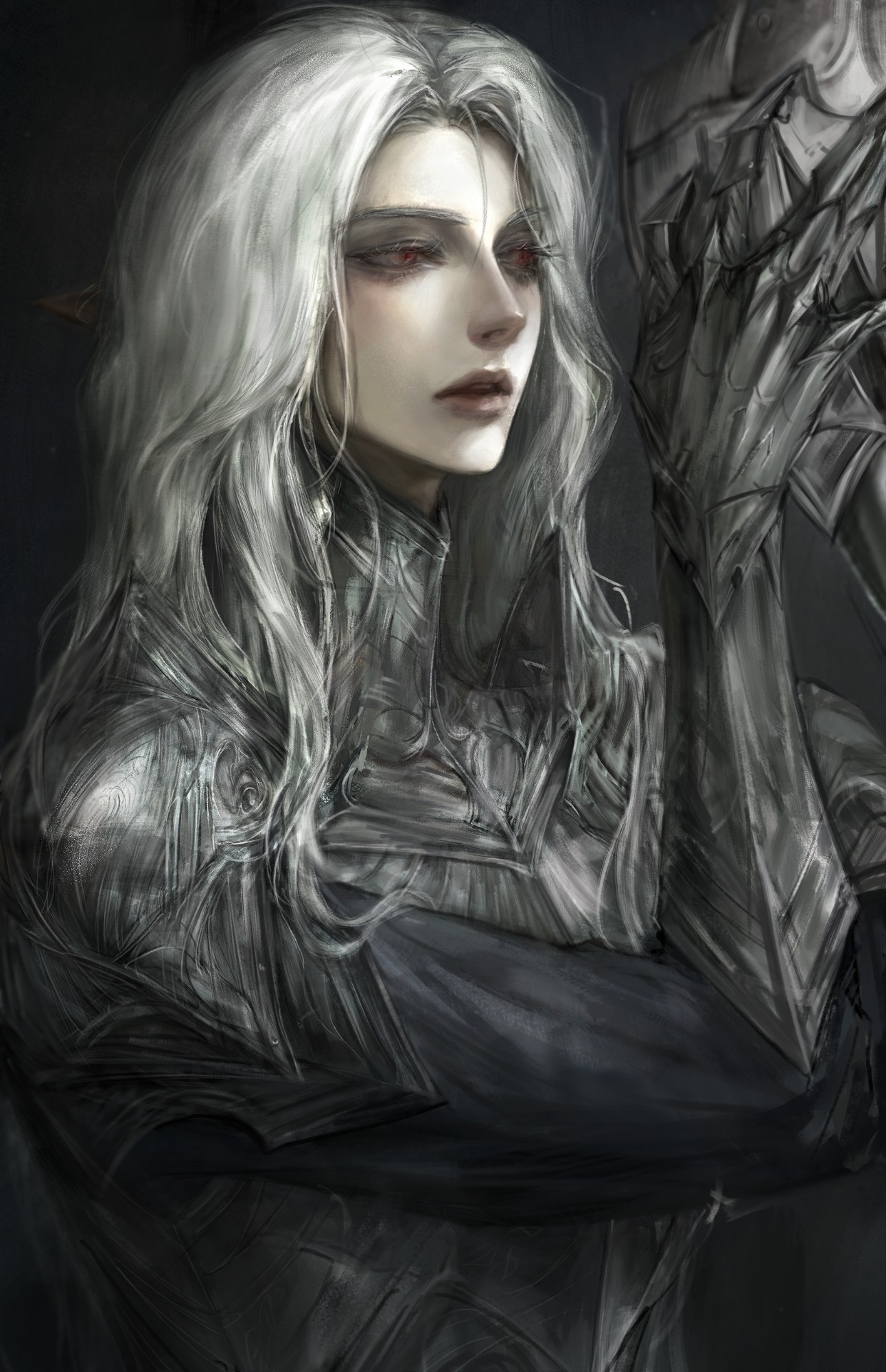 9eujang, original, highres, 1girl, expressionless, hands up, lips, long hair, looking to the side, nose, parted lips, realistic, red eyes, white hair