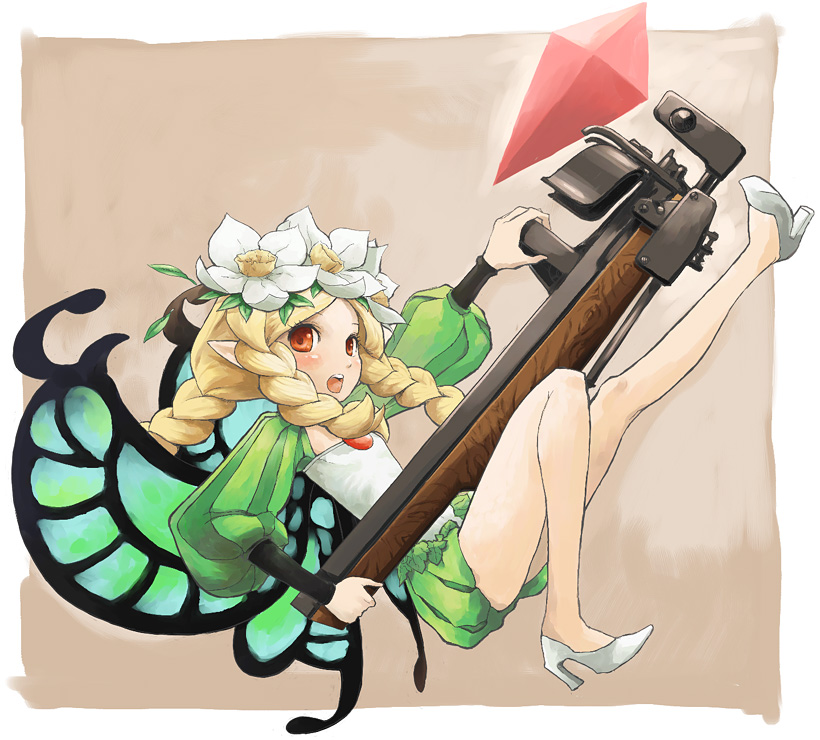 pota (nabrinko), mercedes (odin sphere), odin sphere, white footwear, 1girl, blonde hair, bow (weapon), braid, butterfly wings, crossbow, daffodil, fairy, female focus, flower, hair flower, hair ornament, high heels, insect wings, pointy ears, puff and slash sleeves, puffy shorts, puffy sleeves, red eyes, shorts, solo, tri braids, tri tails, twin braids, weapon, wings