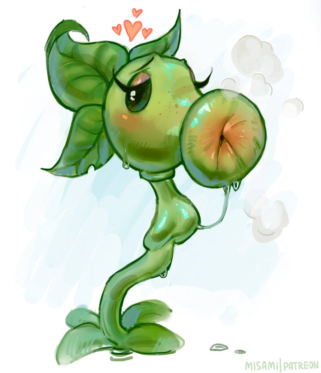 misa mi, peashooter (plants vs. zombies), plants vs. zombies, highres, artist name, heart, leaf, looking at viewer, no humans, patreon logo, simple background, solo, white background