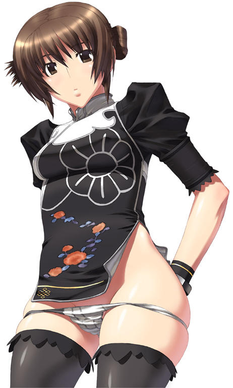 kansuke, chai xianghua, soul calibur, soulcalibur, soulcalibur ii, 1girl, alternate costume, bare shoulders, black thighhighs, brown eyes, brown hair, china dress, chinese clothes, dress, female focus, panties, panty pull, solo, standing, thighhighs, underwear, white panties