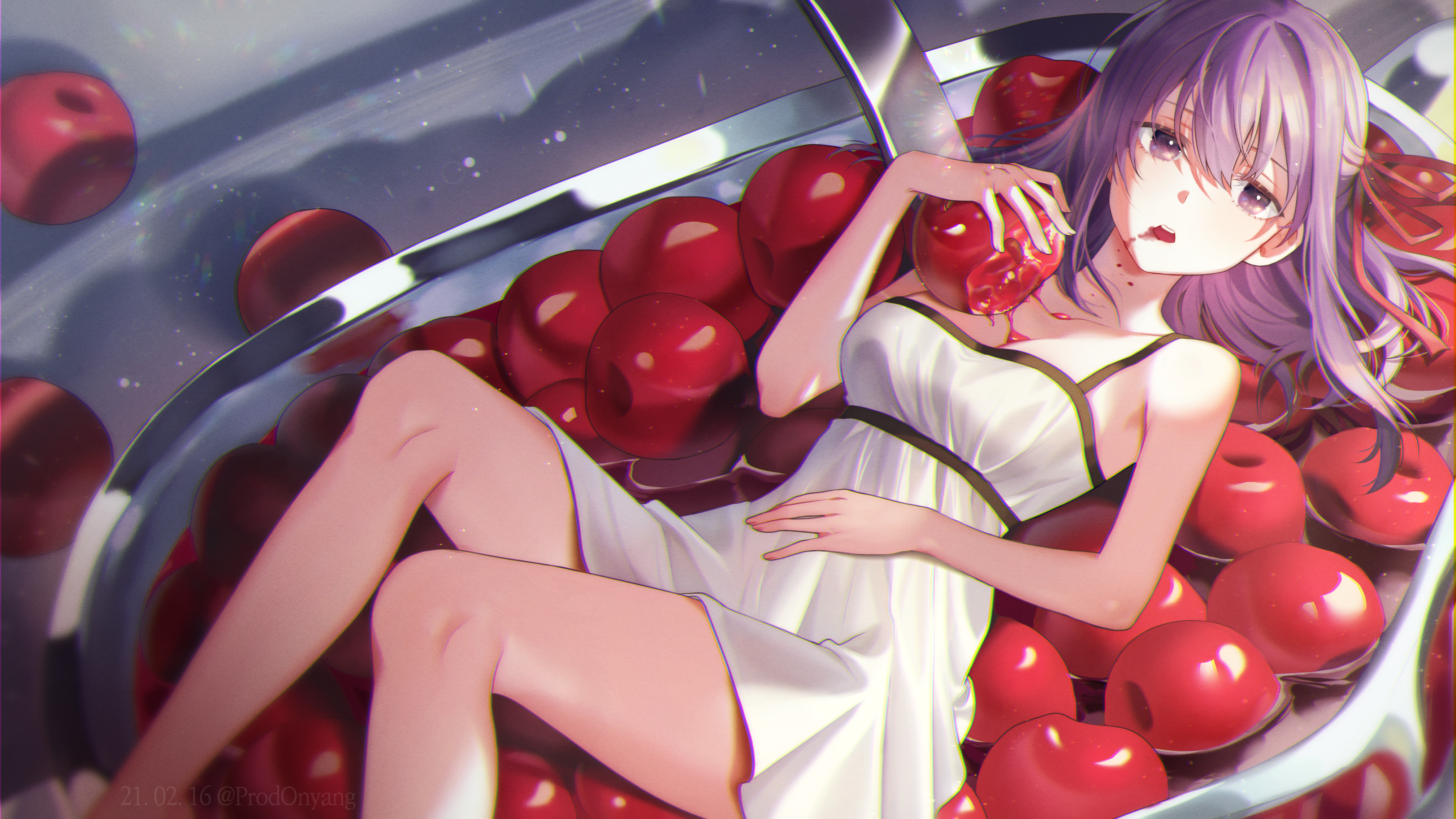 onyang, matou sakura, fate/stay night, fate (series), heaven's feel, absurdres, highres, bare shoulders, bow, bowl, breasts, cherry, cleavage, dress, fluid on breasts, food, food bite, food on body, food on face, fruit, hair bow, hand on own stomach, holding, holding food, juice, long hair, name connection, object namesake, on food, open mouth, oversized food, oversized object, purple eyes, purple hair, red bow, red ribbon, ribbon, shadow, short dress, sleeveless, spaghetti strap, spoon, white dress