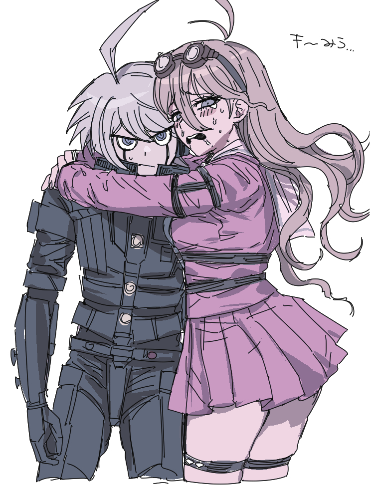 iruma miu, k1-b0, danganronpa (series), danganronpa v3: killing harmony, commentary request, 1boy, 1girl, 99no rikyuu, ahoge, android, antenna hair, arm belt, armor, belt, blonde hair, blue eyes, blush, cropped legs, crying, crying with eyes open, goggles, goggles on head, grey hair, hair between eyes, hug, long hair, long sleeves, looking at viewer, open mouth, pants, pink serafuku, pink shirt, pink skirt, pleated skirt, power armor, ringed eyes, robot ears, saliva, school uniform, serafuku, shirt, short hair, simple background, skindentation, skirt, sweatdrop, tears, thigh belt, thigh strap, thighs, upper body, wavy hair, white background
