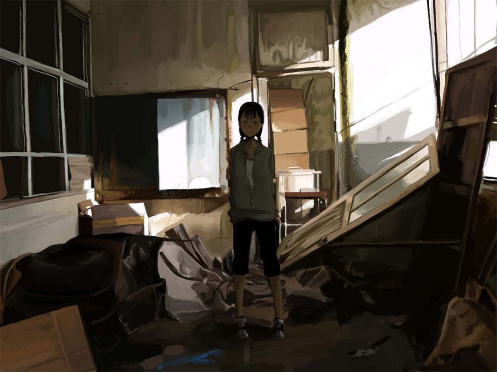 kasa (hitori sanka), bad id, bad pixiv id, 1girl, black hair, braid, child, female focus, full body, indoors, looking at viewer, medium hair, messy room, muted color, room, roomscape, ruins, solo, standing, twin braids
