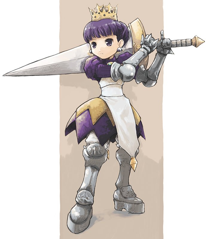 pota, pota (nabrinko), gradriel, gradriel de valendia, atlus, princess crown, 1girl, armor, armored dress, boots, brown background, crown, dress, female focus, full body, gold crown, hat, holding, holding sword, holding weapon, knee boots, purple eyes, purple hair, solo, standing, sword, weapon