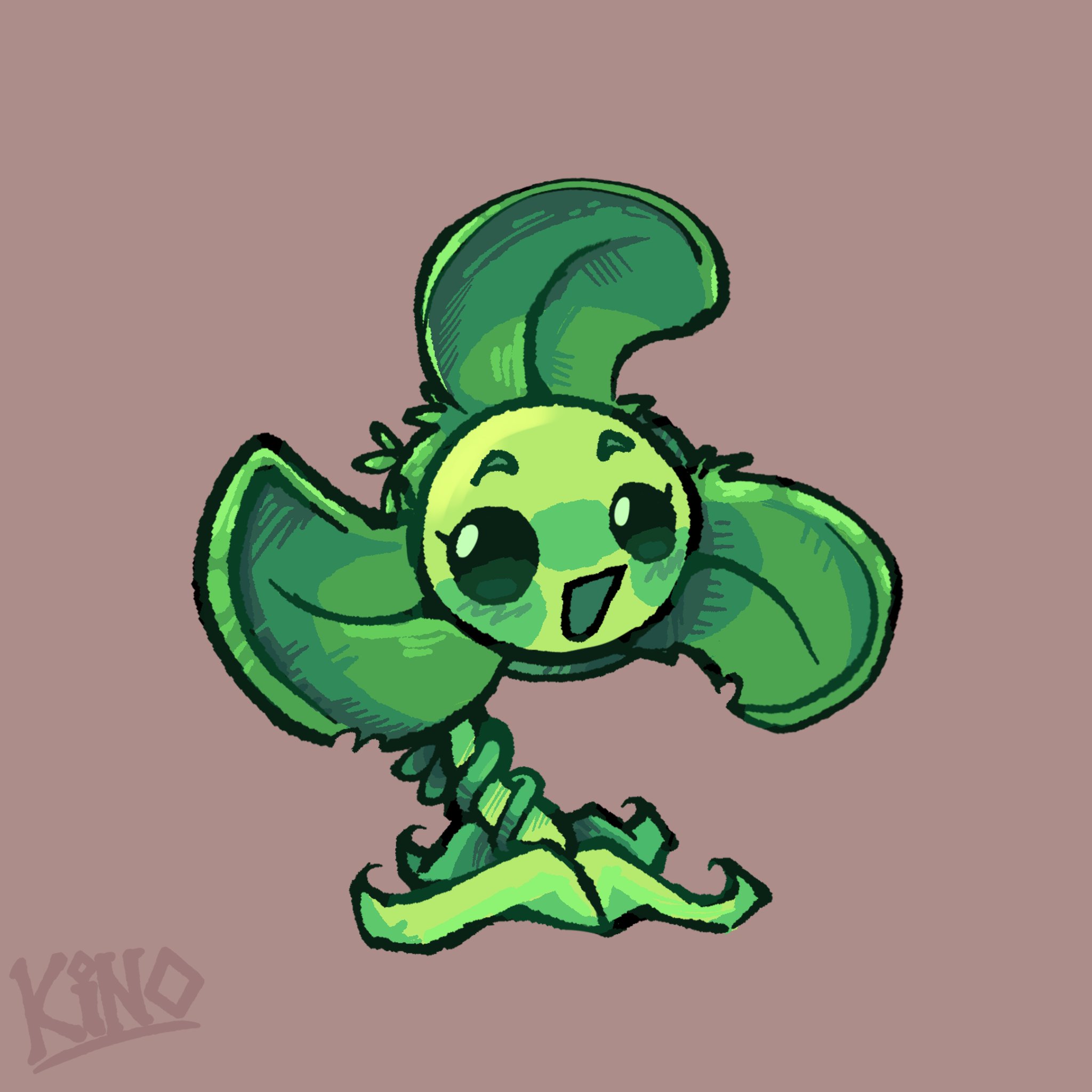 kinomotoroka, blover (plants vs. zombies), plants vs. zombies, highres, brown background, leaf, looking at viewer, no humans, open mouth, plant, signature, simple background, solo