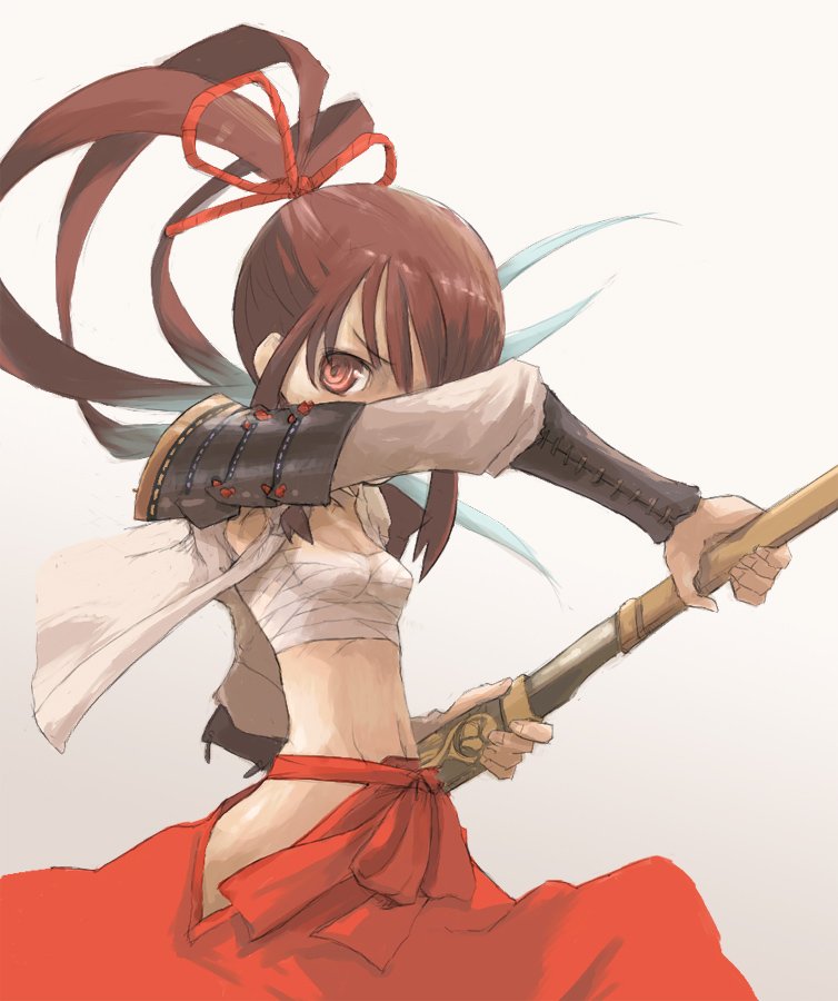 pota (nabrinko), bushidou (sekaiju), bushidou 2 (sekaiju), atlus, etrian odyssey, 1girl, armor, breasts, brown eyes, brown hair, female focus, grey background, hakama, hakama skirt, high ponytail, holding, holding sword, holding weapon, japanese armor, japanese clothes, kote, kurokote, one eye covered, ponytail, sheath, shoulder armor, simple background, skirt, small breasts, sode, solo, sword, unsheathing, weapon