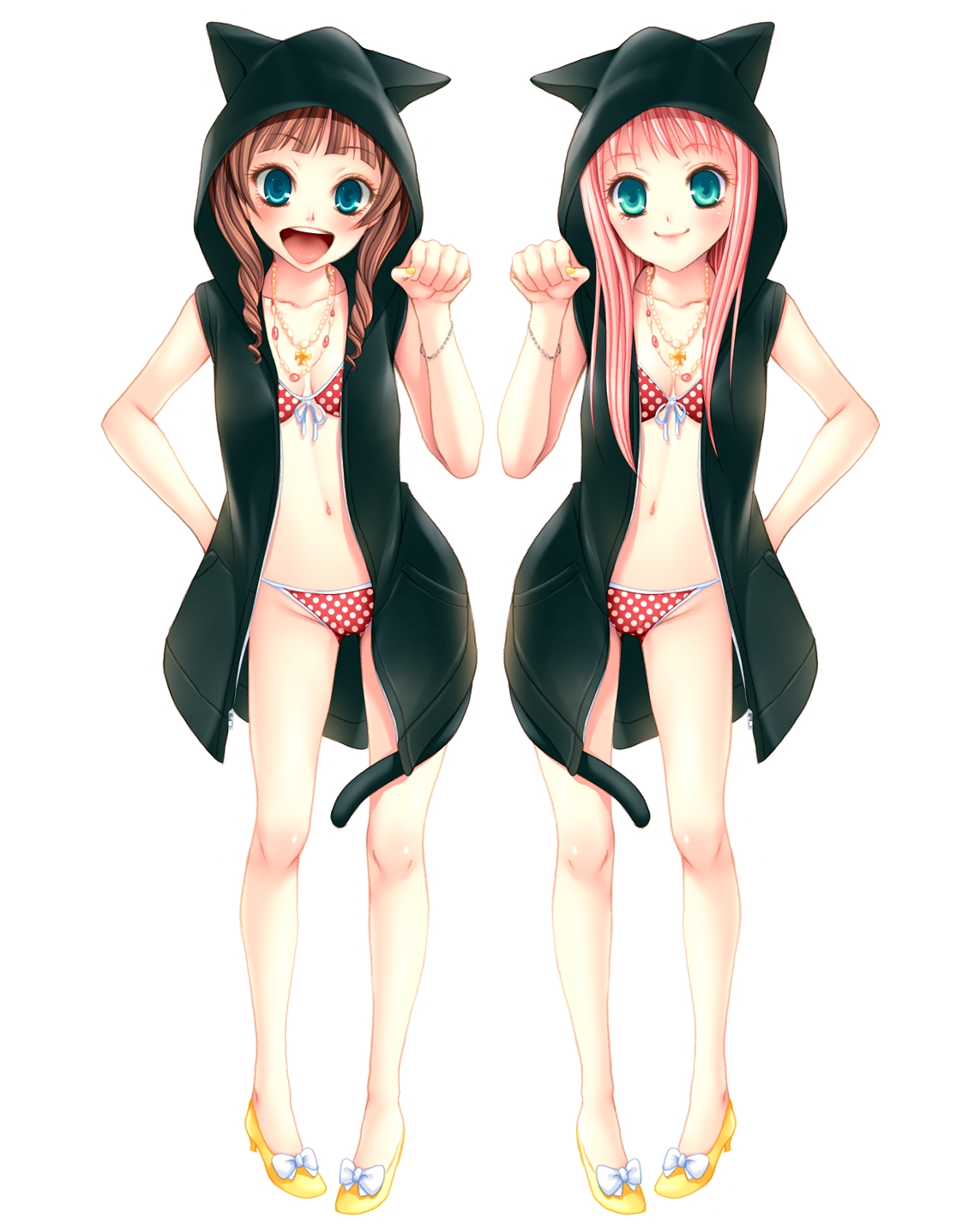 momoi komomo, original, bad id, bad pixiv id, highres, 2girls, animal ears, aqua eyes, bikini, cat ears, cat tail, legs, multiple girls, open mouth, polka dot, polka dot bikini, swimsuit, tail