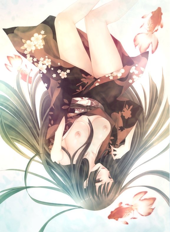 momoi komomo, original, bad id, bad pixiv id, 1girl, blunt bangs, breasts, female focus, fish, hime cut, japanese clothes, kimono, long hair, medium breasts, nipples, solo, upside-down