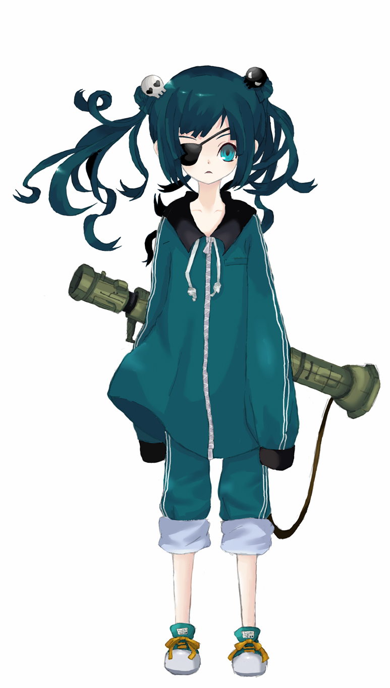 pajama., launcher-chan, original, bad id, bad pixiv id, highres, blue eyes, blue hair, eyepatch, solo, track suit, twintails, weapon