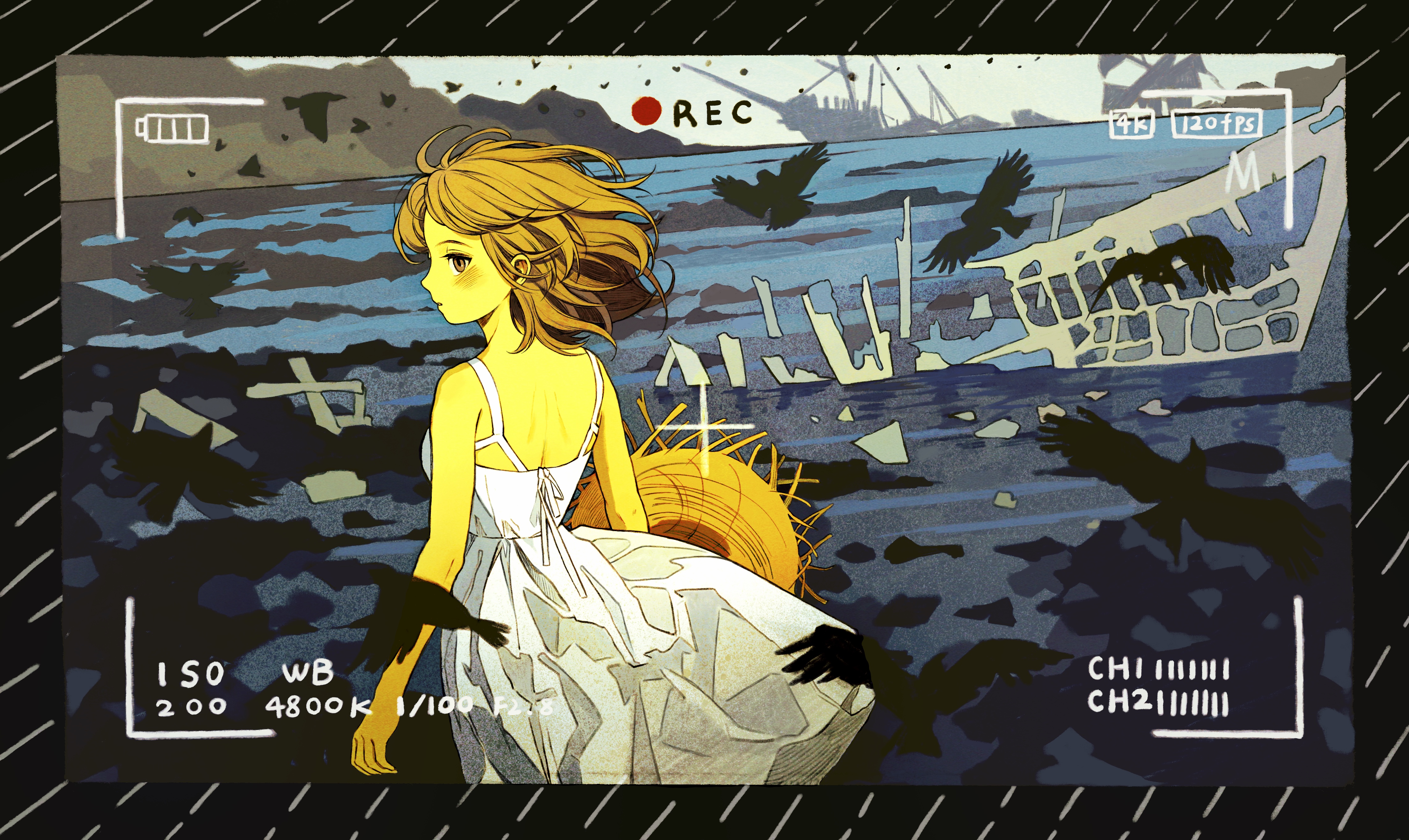 chaojufei, original, absurdres, commentary, highres, 1girl, battery indicator, bird, brown eyes, brown hair, dress, hat, ocean, recording, shipwreck, straw hat, sun hat, sundress, water, white dress