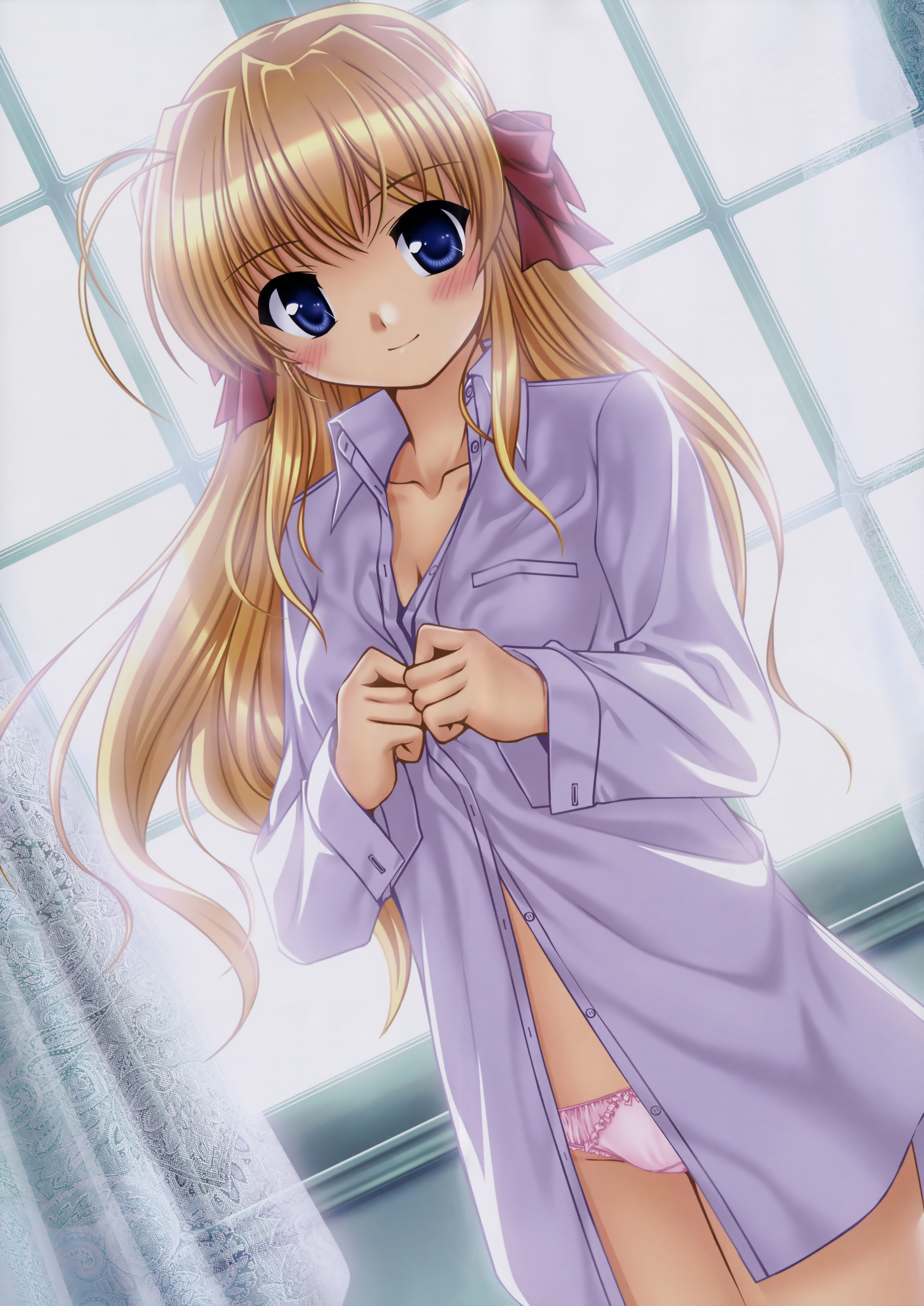 bekkankou, sendou erika, fortune arterial, absurdres, highres, 1girl, antenna hair, blonde hair, blue eyes, blush, dress shirt, female focus, hair ribbon, long hair, open clothes, open shirt, panties, pink panties, ribbon, shirt, solo, underwear, undressing, window