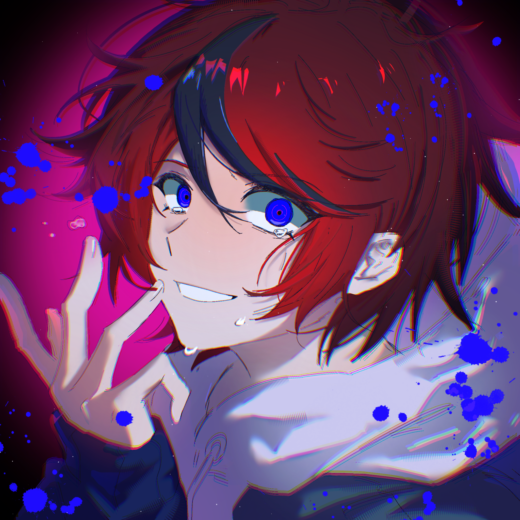 roiko7010, sumino takumi, the hundred line -last defense academy-, chinese commentary, commentary request, highres, variant set, 1boy, black hair, black jacket, blood, blood splatter, blue blood, blue eyes, chromatic aberration, constricted pupils, crying, crying with eyes open, drawstring, grin, hair between eyes, hand up, hood, hood down, hoodie, jacket, jacket over hoodie, light particles, male focus, multicolored hair, open clothes, open jacket, pink background, portrait, red hair, short hair, sleeves past wrists, smile, solo, streaked hair, tears, two-tone hair, white hoodie