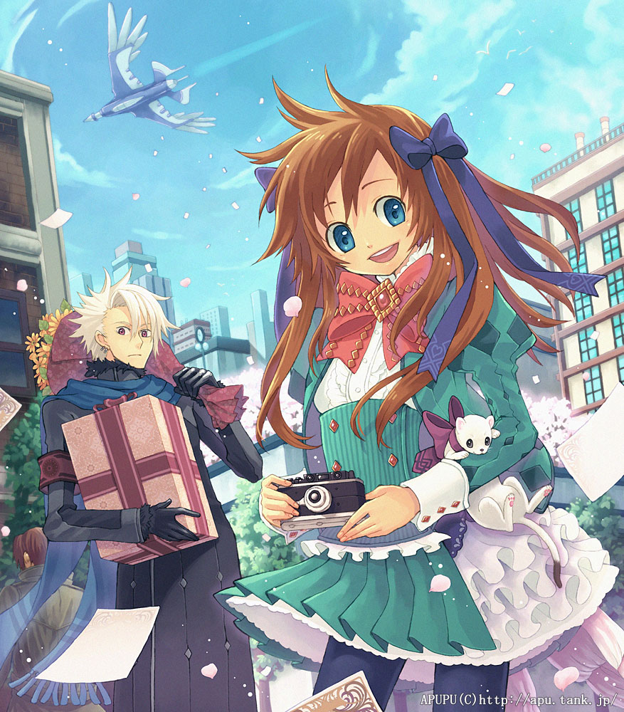 apupu, bad id, bad pixiv id, 1boy, 1girl, :d, aircraft, airplane, animal, artist name, black gloves, black pantyhose, blue eyes, blue scarf, bouquet, bow, bowtie, box, brooch, brown hair, building, camera, city, cloud, day, fantasy, flower, frills, gift, gift box, gloves, hair ribbon, holding, holding camera, holding gift, jewelry, juliet sleeves, long hair, long sleeves, looking at viewer, open mouth, outdoors, pantyhose, petals, puffy sleeves, red eyes, ribbon, scarf, sky, smile, watermark, web address, white hair
