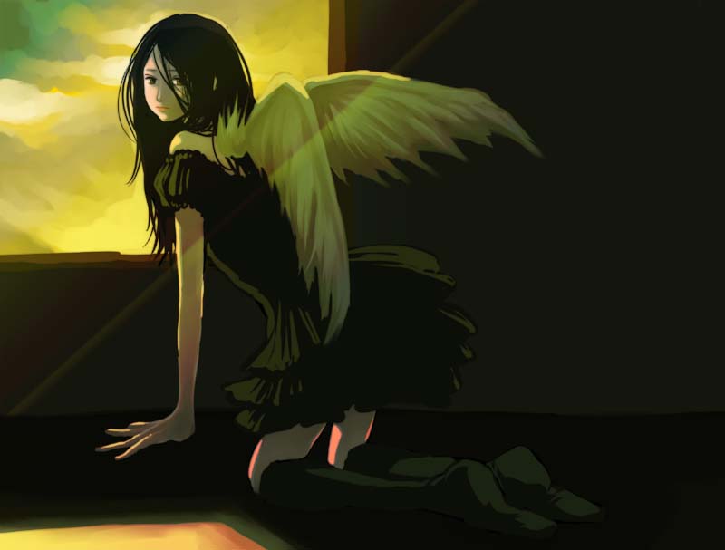 3 degrees celsius, original, jpeg artifacts, angel, angel wings, black hair, cloud, dark, dress, kneehighs, kneeling, long hair, looking back, socks, solo, sunset, window, wings