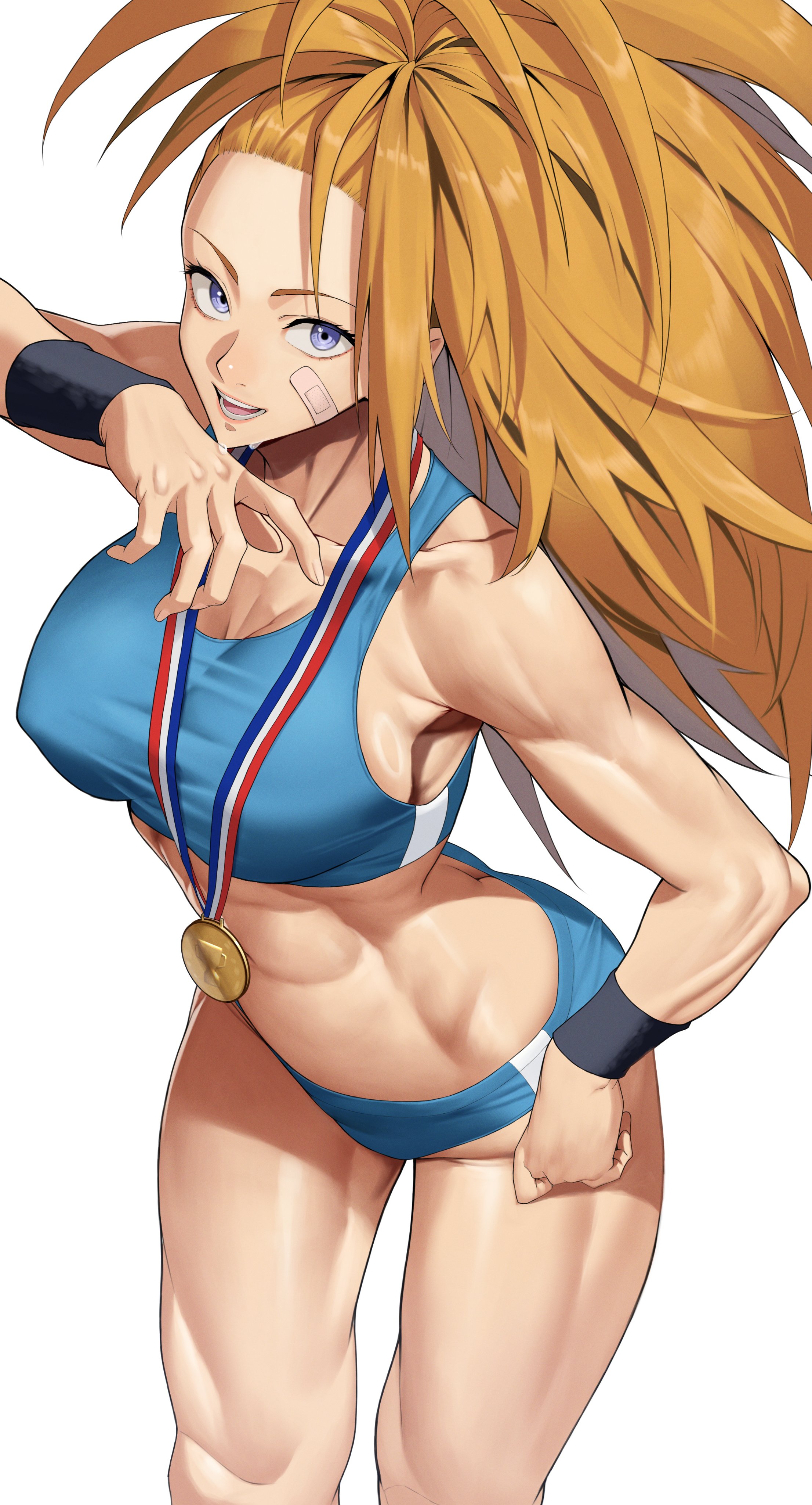 yoshio (55level), captain mizuki, one-punch man, highres, 1girl, abs, bandaid, bandaid on cheek, bandaid on face, bare shoulders, blue eyes, breasts, brown hair, collarbone, female focus, gold medal, hand on own hip, large breasts, long hair, muscular, muscular female, simple background, white background