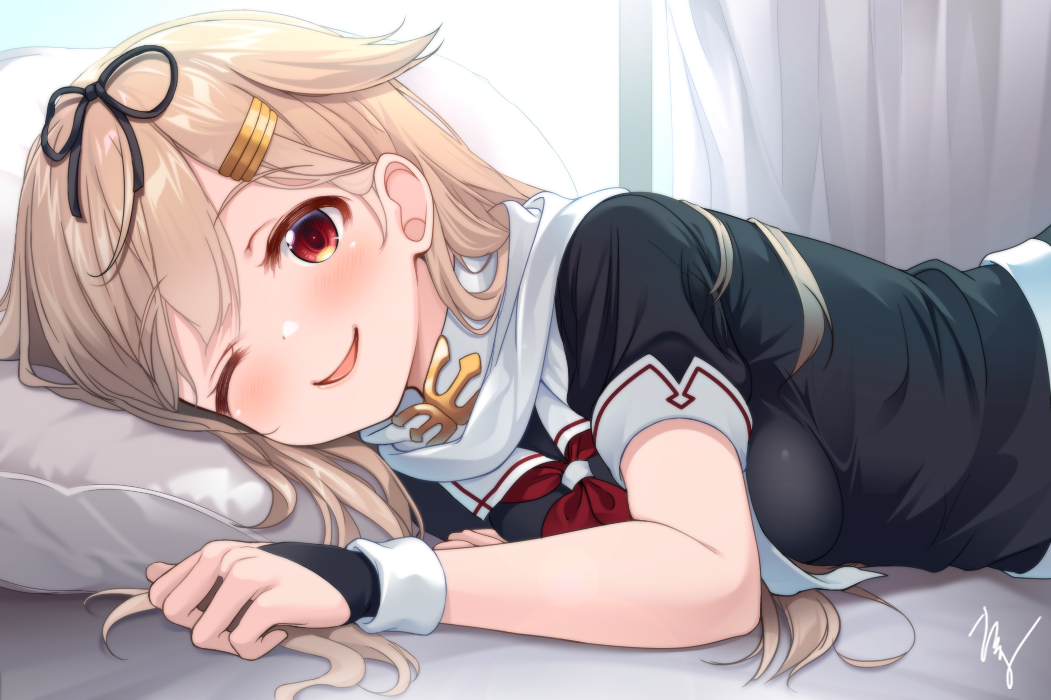 takuma (takumo7121), yuudachi (kancolle), yuudachi kai ni (kancolle), kantai collection, highres, 1girl, black bridal gauntlets, black ribbon, black serafuku, blonde hair, breasts, bridal gauntlets, hair flaps, hair ornament, hair ribbon, hairclip, long hair, looking at viewer, lying, medium breasts, neckerchief, on side, one eye closed, red eyes, red neckerchief, ribbon, scarf, school uniform, serafuku, smile, solo, white scarf