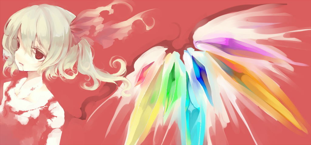 k (li), flandre scarlet, touhou, bad id, bad pixiv id, 1girl, blood, female focus, red background, solo, upper body, wings