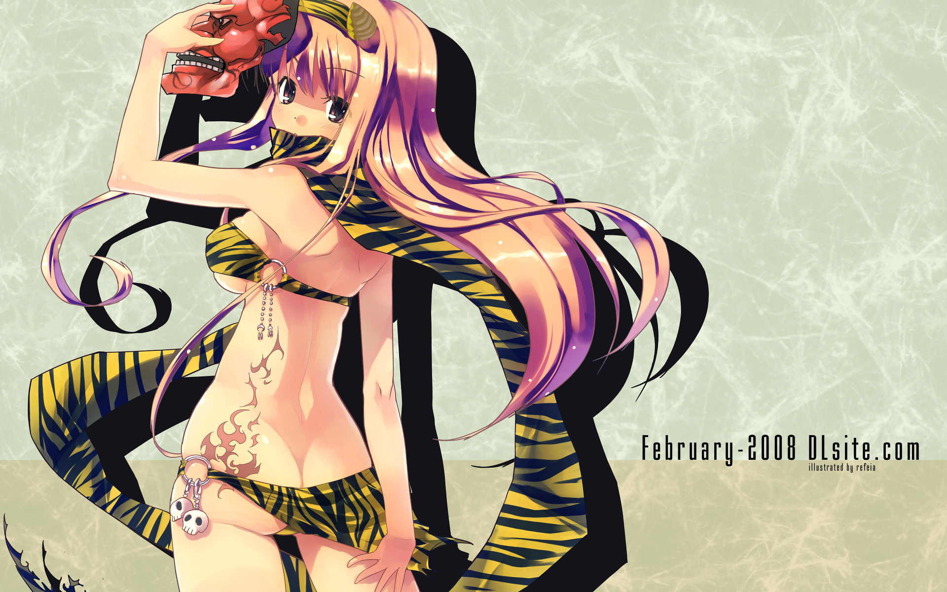 refeia, dille blood, dlsite.com, highres, 1girl, ass, back, bikini, female focus, mask, oni, pink hair, scarf, solo, swimsuit, tattoo, yellow bikini
