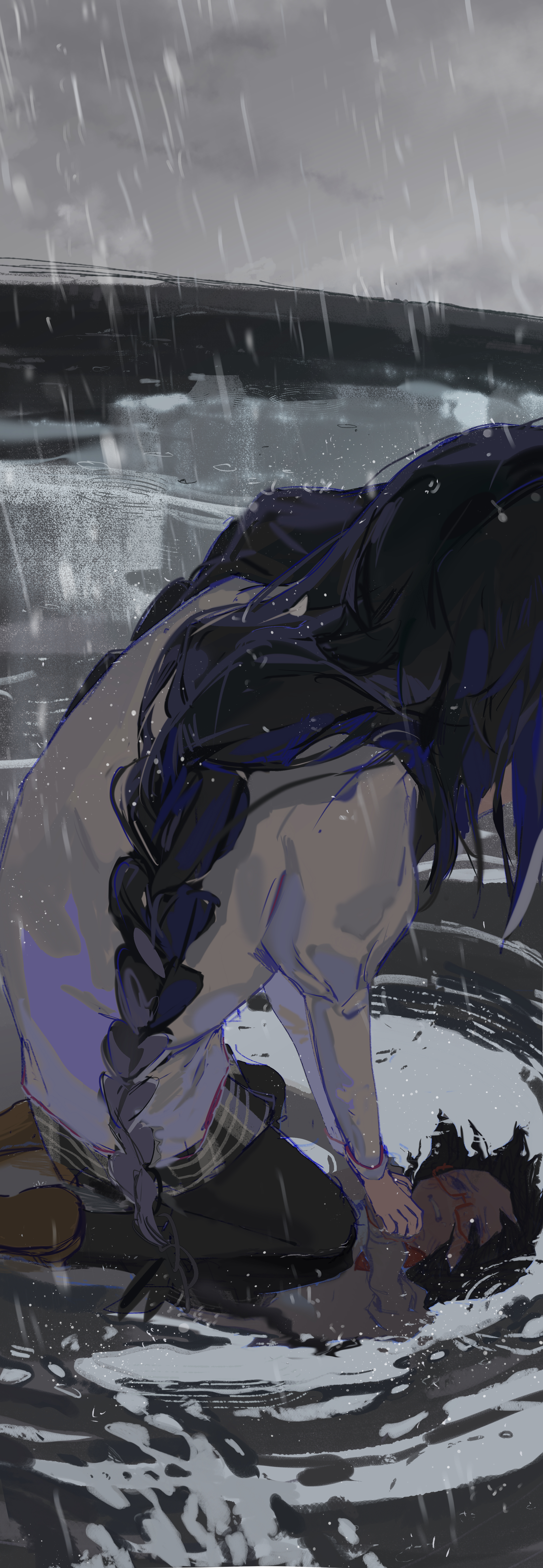 hong jing, akemi homura, mahou shoujo madoka magica, mahou shoujo madoka magica (anime), absurdres, commentary request, highres, 1girl, black hair, black skirt, braid, brown shoes, clenched teeth, crying, from above, glasses, kneeling, long hair, looking down, outdoors, overcast, pantyhose, rain, red-framed eyewear, reflection, reflective water, scene reference, shirt, shoes, skirt, sky, solo, teeth, twin braids, white shirt