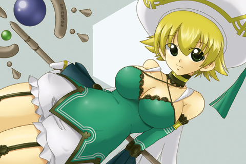 atoli, atoli (.hack//), .hack//, .hack//g.u., bandai, cyber connect 2, lowres, 00s, 1girl, blonde hair, bloomers, breasts, choker, cleavage, female focus, garter belt, green eyes, hat, large breasts, short hair, solo, staff, underwear, white bloomers