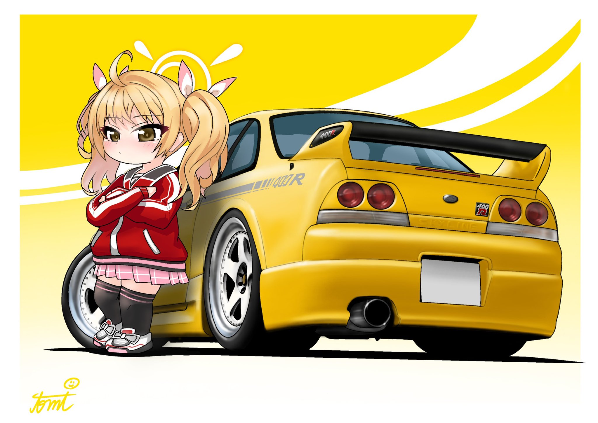 tomimon, yoshimi (blue archive), blue archive, nissan, highres, 1girl, blonde hair, car, chibi, full body, halo, motor vehicle, nissan skyline, nissan skyline gt-r, nissan skyline r33, skirt, solo, standing, twintails, yellow car, yellow eyes