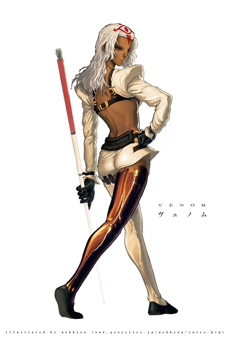 nekkeau, venom (guilty gear), arc system works, guilty gear, highres, 1girl, back, belt, breasts, brown eyes, cue stick, dark-skinned female, dark skin, female focus, genderswap, genderswap (mtf), gloves, hand on own hip, long hair, small breasts, solo, thighhighs, underboob, walking, white background, white hair