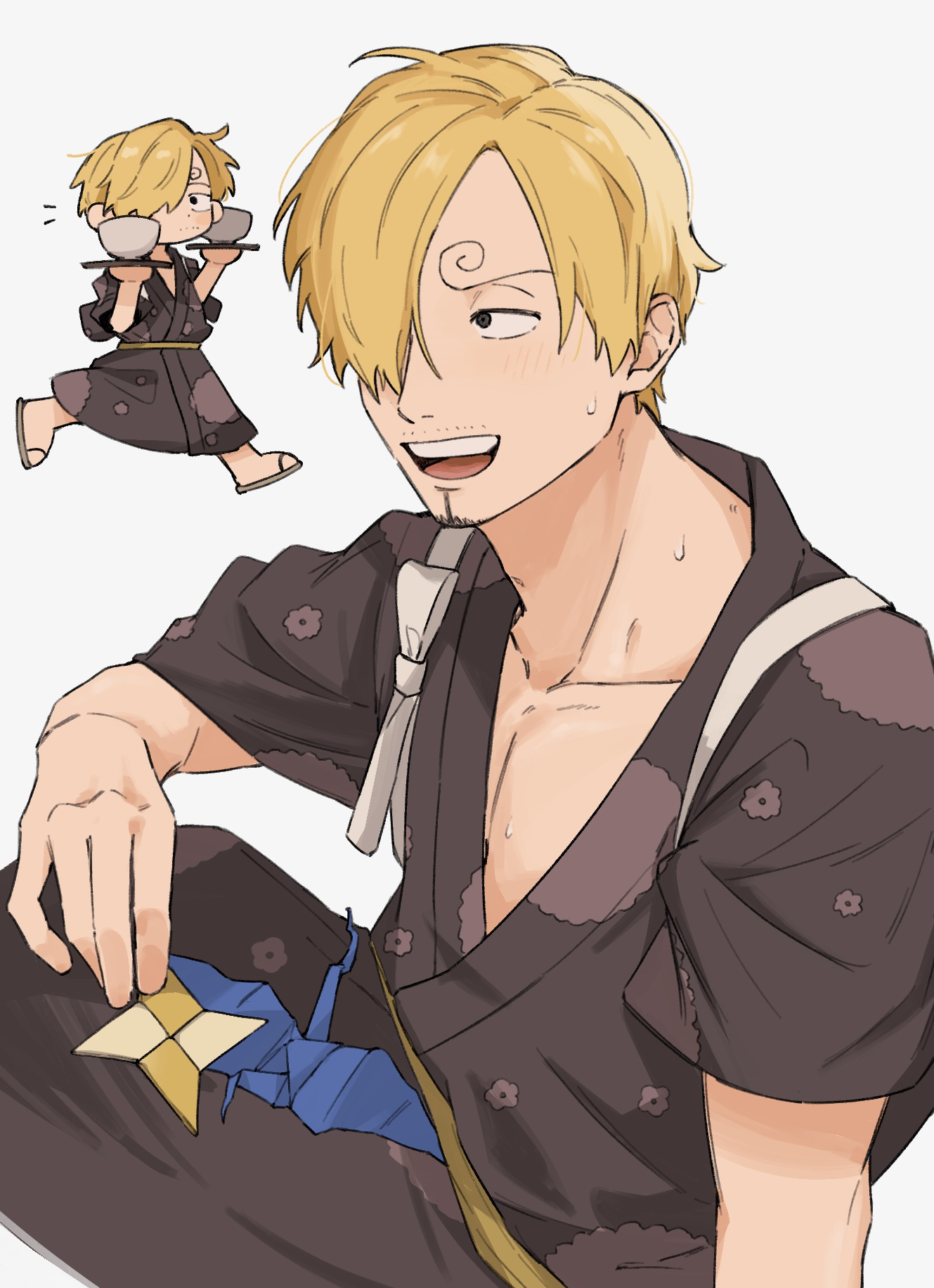 iqracha, sanji (one piece), one piece, highres, 1boy, black eyes, black kimono, blonde hair, chibi, collarbone, curly eyebrows, facial hair, goatee, hair over one eye, japanese clothes, kimono, male focus, multiple views, mustache stubble, open mouth, origami, paper crane, sandals, short hair, short sleeves, sitting, stubble