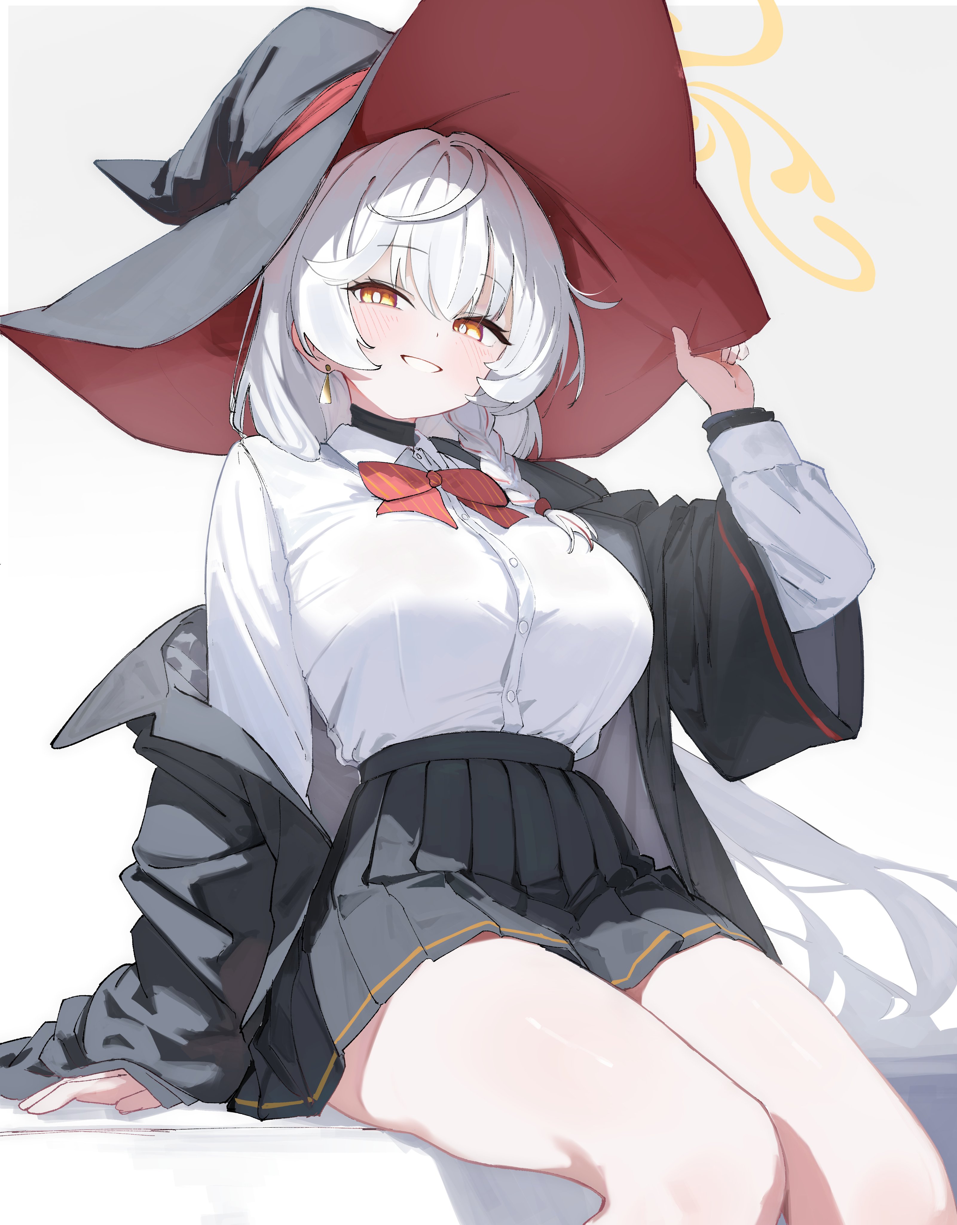 yue3621, eri (blue archive), blue archive, absurdres, commentary, highres, 1girl, arm support, black hat, black jacket, black skirt, blush, bow, bowtie, braid, breasts, bright pupils, buttons, collared shirt, diagonal-striped bow, diagonal-striped bowtie, diagonal-striped clothes, earrings, hair between eyes, halo, hand on headwear, hand up, hat, hat ribbon, high-waist skirt, jacket, jewelry, large breasts, long hair, looking at viewer, multicolored hair, parted lips, pleated skirt, red bow, red bowtie, red ribbon, red streaks, red trim, ribbon, shirt, shirt tucked in, side halo, simple background, single braid, single earring, single off shoulder, sitting, skirt, smile, solo, streaked hair, striped bow, striped bowtie, striped clothes, thighs, triangle earrings, two-sided fabric, two-sided headwear, very long hair, white background, white hair, white pupils, white shirt, wing collar, witch hat, yellow eyes, yellow halo, yellow trim