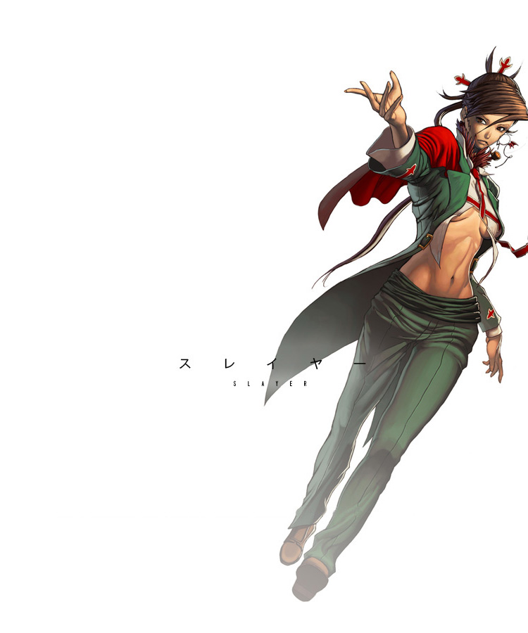 nekkeau, slayer (guilty gear), arc system works, guilty gear, 1girl, breasts, brown hair, dutch angle, female focus, foreshortening, formal clothes, genderswap, genderswap (mtf), hair ornament, medium breasts, midriff, navel, necktie, outstretched hand, pipe in mouth, simple background, smoking pipe, solo, suit, underboob