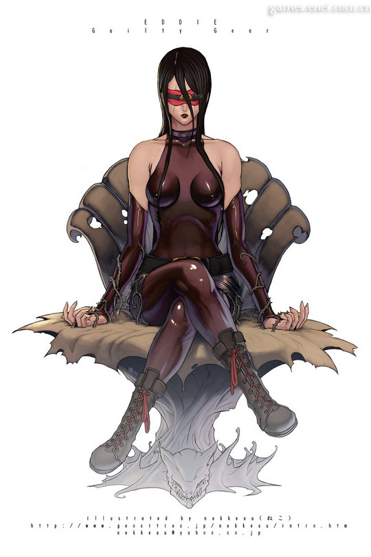 nekkeau, eddie (guilty gear), zato-1, arc system works, guilty gear, 1girl, bare shoulders, belt, black hair, blindfold, boots, breasts, bridal gauntlets, collar, crossed legs, female focus, foreshortening, genderswap, genderswap (mtf), lipstick, makeup, pantyhose, shorts, sitting, sleeveless, small breasts, solo, spandex, thorns, turtleneck
