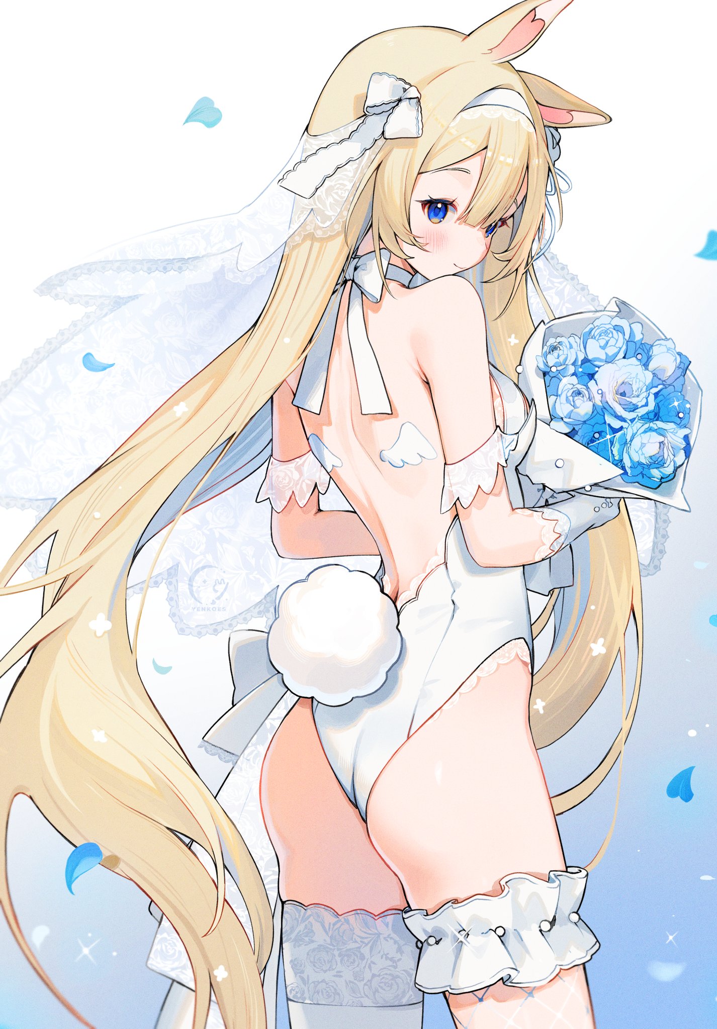 yenkoes, original, highres, 1girl, animal ears, back tattoo, backless leotard, bare back, bare shoulders, beads, blonde hair, blue flower, blue rose, bouquet, bow, bow choker, breasts, choker, closed mouth, cowboy shot, detached sleeves, flower, from behind, gloves, grey gloves, hair bow, hair ribbon, hairband, heart, holding, holding bouquet, lace, lace-trimmed bow, lace-trimmed gloves, lace-trimmed leotard, lace sleeves, lace trim, lace veil, leotard, light particles, long hair, looking at viewer, looking back, medium breasts, playboy bunny, rabbit ears, rabbit girl, rabbit tail, ribbon, rose, short sleeves, shoulder blades, sideboob, solo, standing, tail, tattoo, veil, very long hair, white background, white bow, white choker, white hairband, white leotard, white ribbon, white sleeves, white veil, wing tattoo