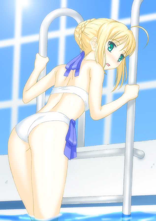 potato house, artoria pendragon (fate), saber (fate), fate/stay night, fate (series), 00s, 1girl, ass, bikini, blonde hair, female focus, green eyes, ladder, official alternate costume, open mouth, pool, pool ladder, solo, swimsuit, water, white bikini