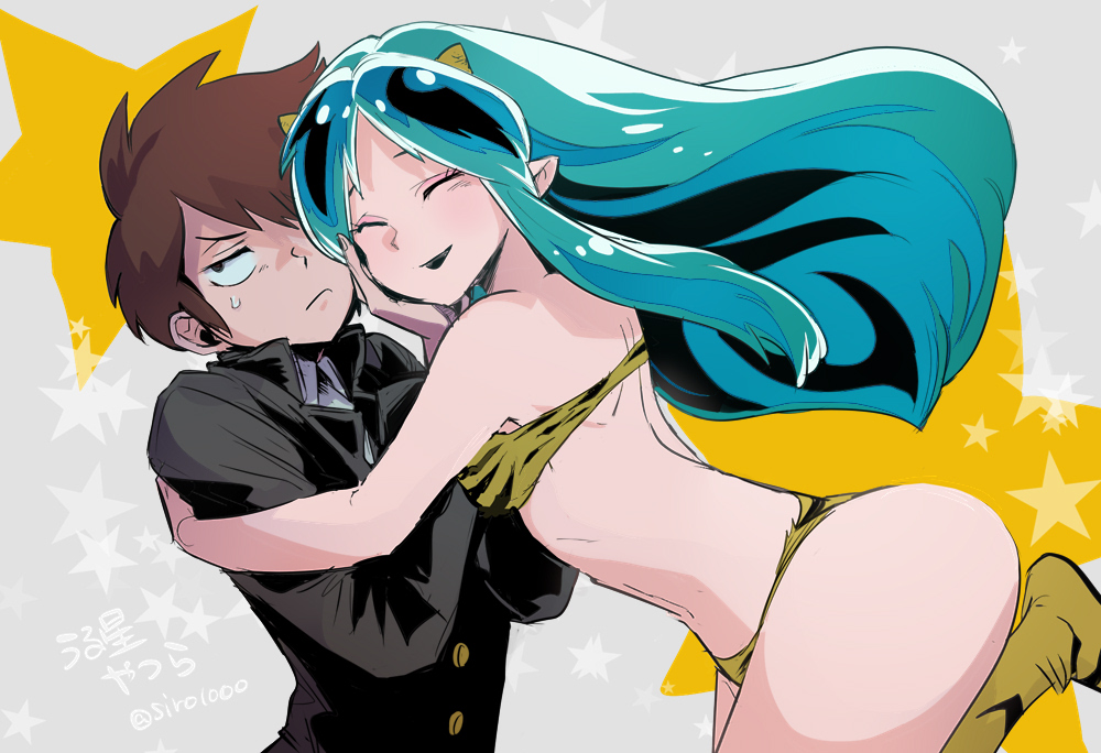shiroton (kazamineko), lum, moroboshi ataru, urusei yatsura, 1boy, 1girl, animal print, annoyed, black jacket, boots, brown hair, closed eyes, gakuran, green hair, grey background, hetero, horns, jacket, long hair, long sleeves, school uniform, short hair, smile, star (symbol), star print, sweatdrop, tiger print