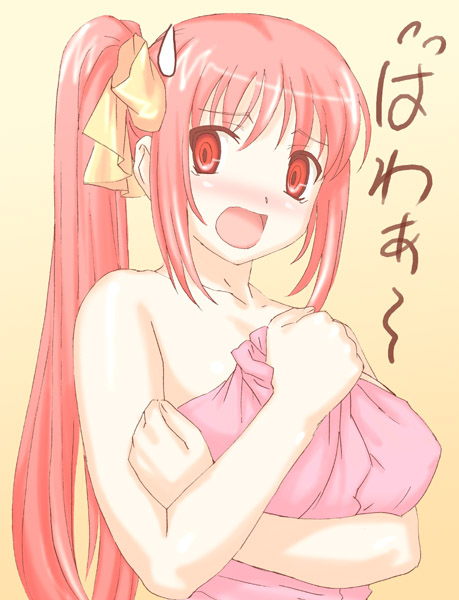 potato house, pink hair, red eyes, towel, towen