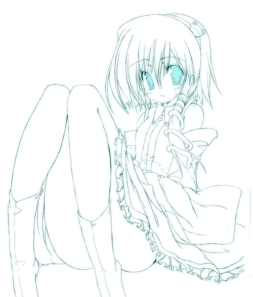 sen (astronomy), kochiya sanae, touhou, 1girl, aqua theme, blue theme, female focus, monochrome, solo