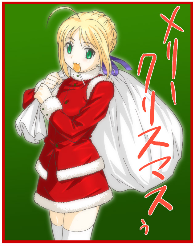 potato house, artoria pendragon (fate), saber (fate), fate/stay night, fate (series), 00s, 1girl, :o, ahoge, alternate costume, blonde hair, christmas, female focus, green background, green eyes, long sleeves, looking at viewer, open mouth, sack, santa costume, short hair, simple background, solo, standing, thighhighs, white thighhighs, zettai ryouiki