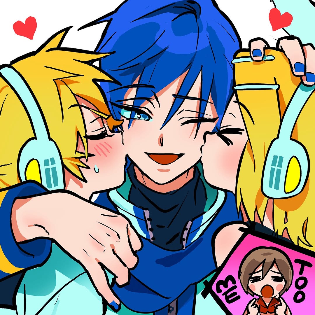 vivinos, kagamine len, kagamine rin, kaito (vocaloid), meiko (vocaloid), vocaloid, 2boys, 2girls, affectionate, arm around shoulder, bisexual male, blonde hair, blue eyes, blue hair, blue nails, blush, brown hair, english text, hand on another's head, headphones, heart, kiss, kissing cheek, multiple boys, multiple girls, short hair, smile, very short hair