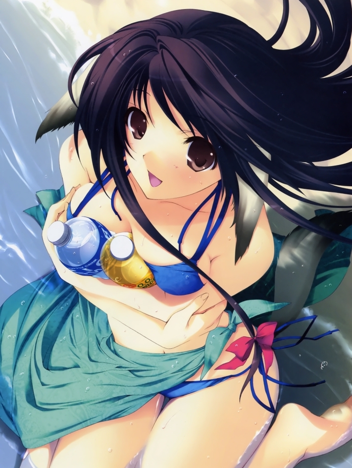 iizuki tasuku, c.c. lemon, pocari sweat, 1girl, animal ears, beach, bikini, black hair, blue bikini, bottle, breasts, day, female focus, long hair, medium breasts, sarong, side-tie bikini bottom, solo, swimsuit, tail, water, water bottle