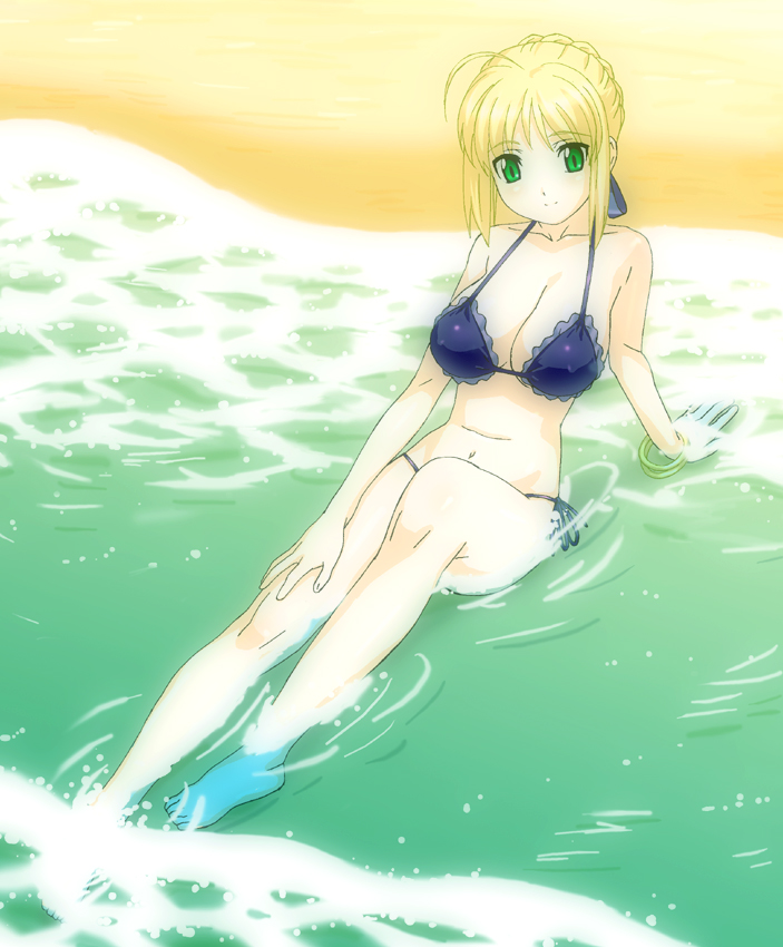 potato house, artoria pendragon (fate), saber (fate), fate/stay night, fate (series), 00s, 1girl, alternate costume, beach, bikini, black bikini, blonde hair, breasts, day, female focus, green eyes, large breasts, side-tie bikini bottom, solo, swimsuit
