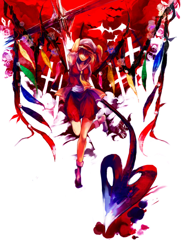 toriko (hatoriko), flandre scarlet, touhou, 1girl, arm up, arms behind back, bat (animal), blonde hair, female focus, flower, grave, hat, laevatein, mob cap, no shoes, partially colored, rose, short hair, socks, solo, standing, standing on one leg, wings
