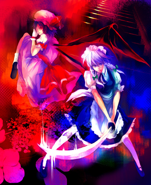 toriko (hatoriko), izayoi sakuya, remilia scarlet, touhou, bad id, bad pixiv id, 2girls, dress, female focus, gradient background, hat, maid, multiple girls, sword, weapon, wings
