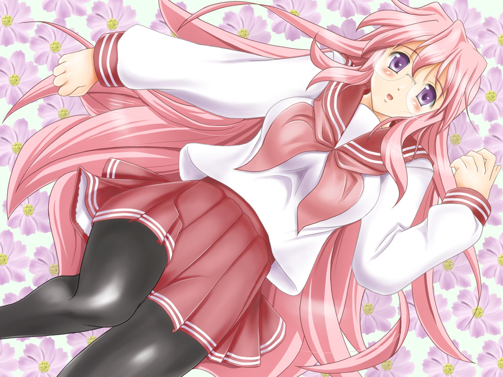fujimori mikan, takara miyuki, lucky star, 00s, glasses, long hair, lying, pantyhose, pink hair, school uniform, serafuku, solo